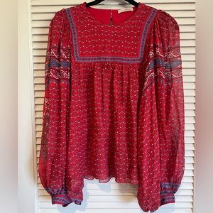 Ulla Johnson 100% Silk Minou Peasant Blouse in Scarlett